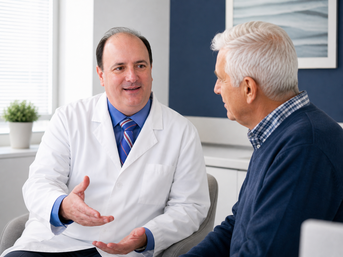 Dr. Sean Lazarus speaking with an older patient during a consultation