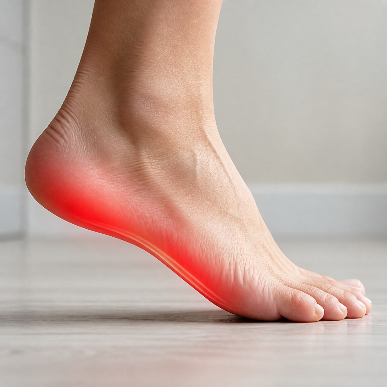 Foot with red pain highlight showing flat feet or high arches as a plantar fasciitis risk factor