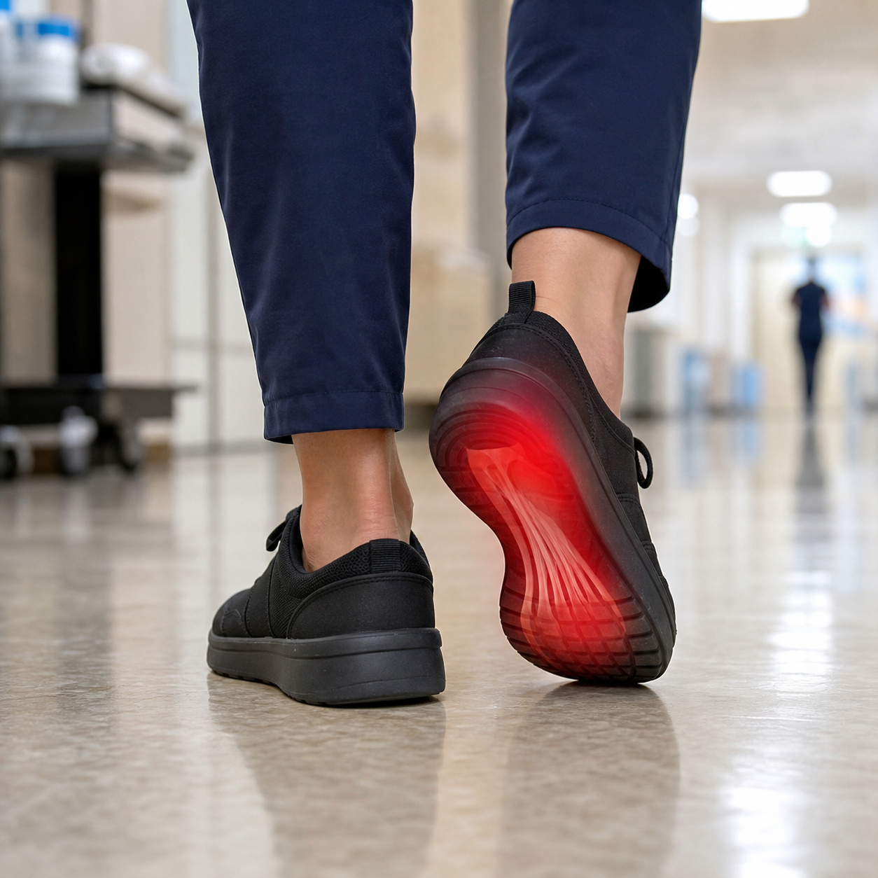 Person standing for a long time with red heel pain highlight