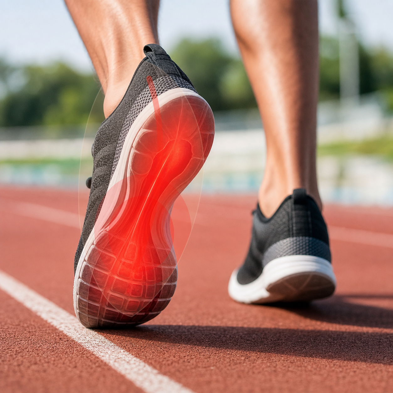 Runner with red heel pain highlight showing athletic stress on the foot