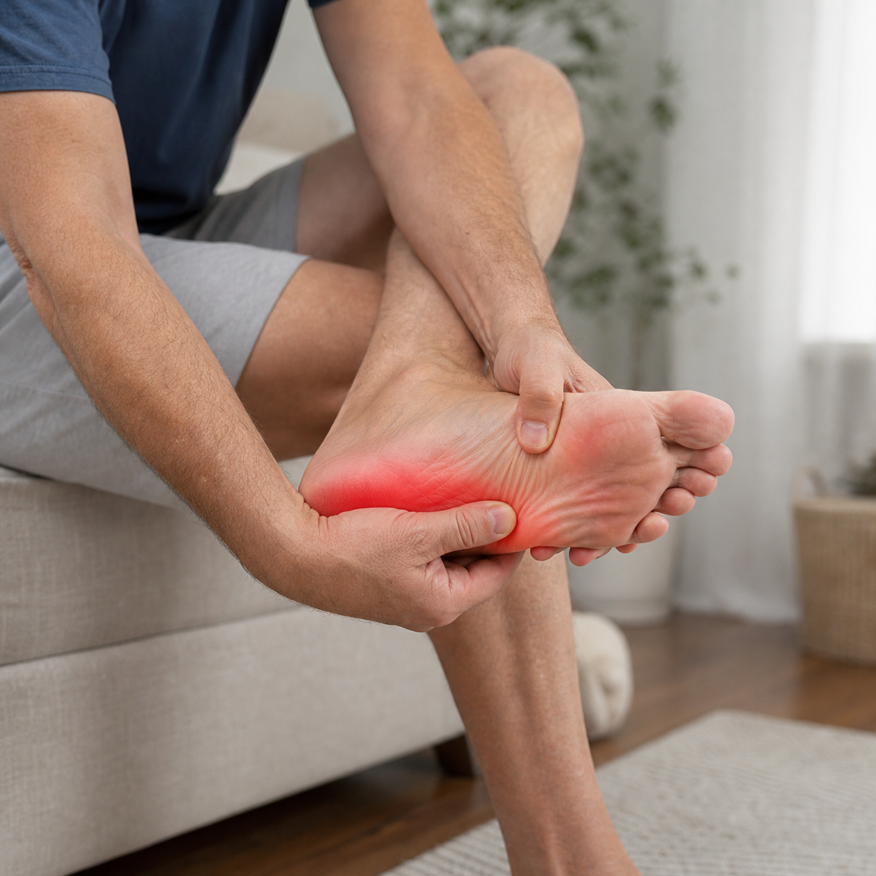 Middle-aged adult with red heel pain highlight related to plantar fasciitis