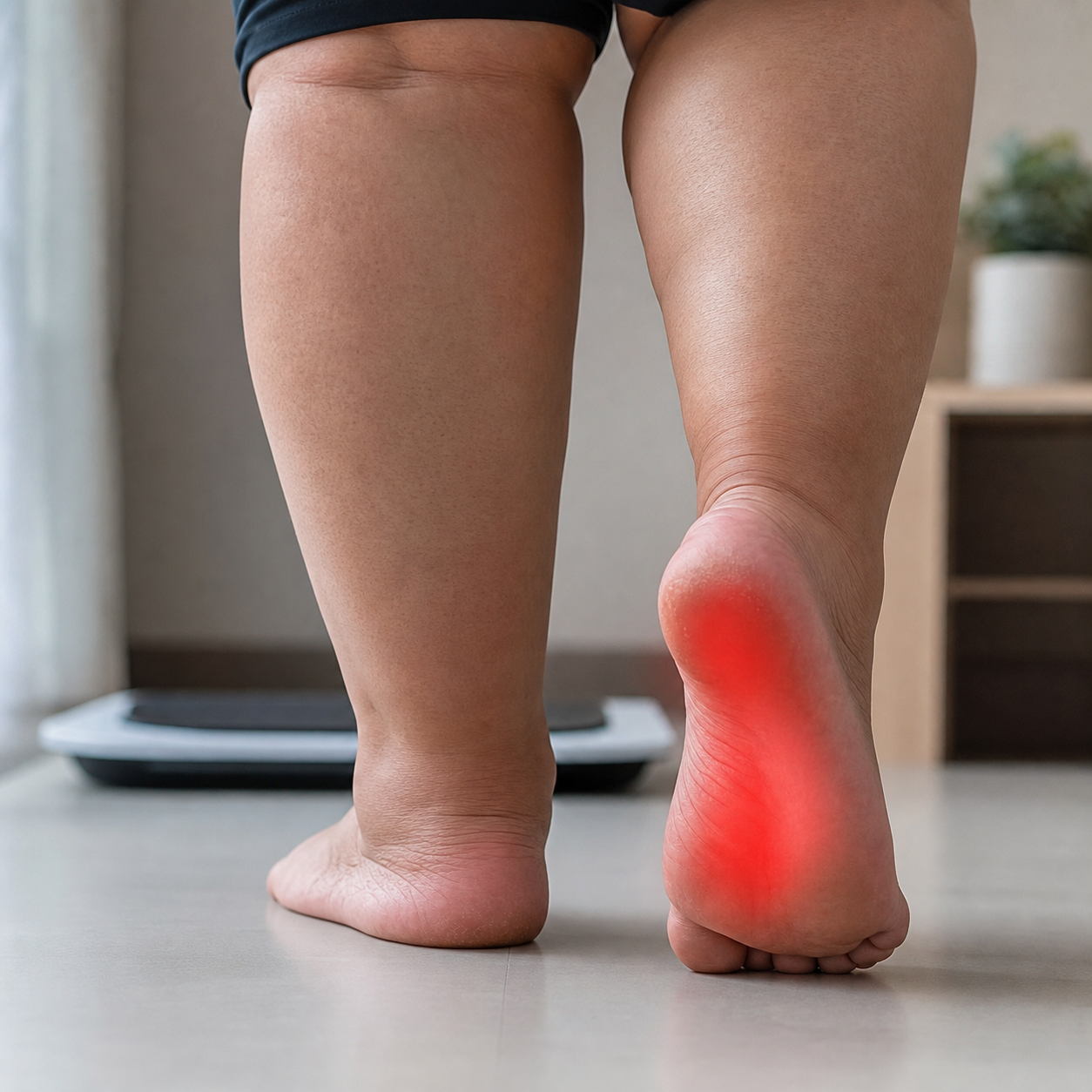 Foot under increased load with red heel pain highlight