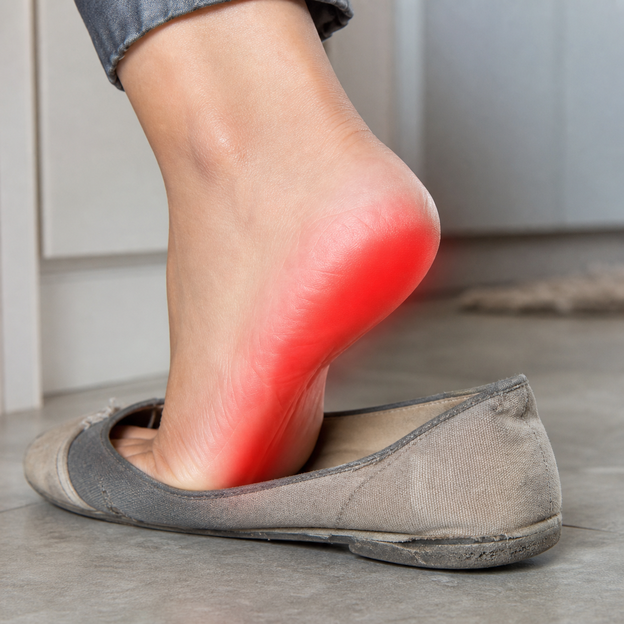 Worn shoe and foot pain highlight showing improper footwear risk