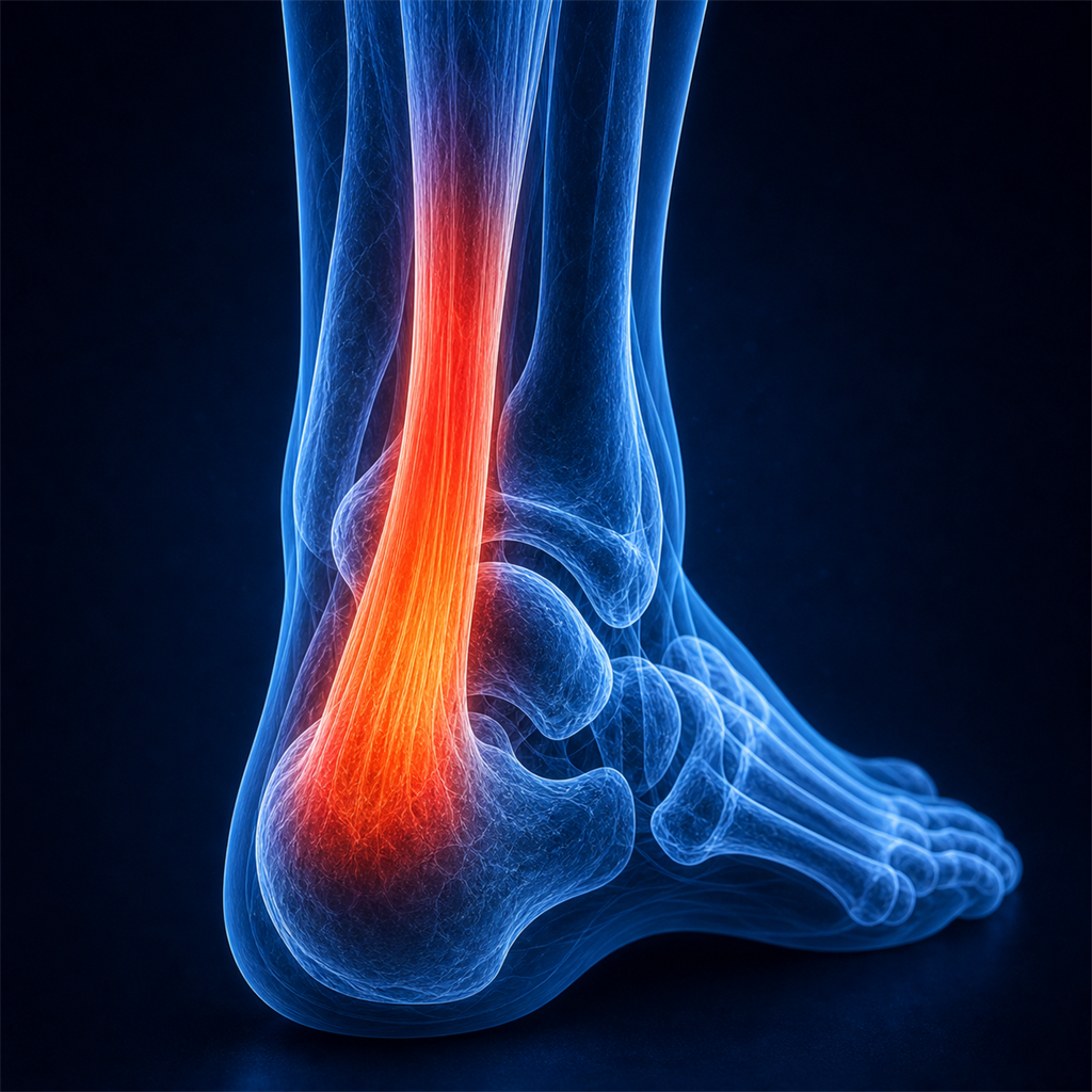 Medical visualization of Achilles tendon with inflammation markers showing tendinitis