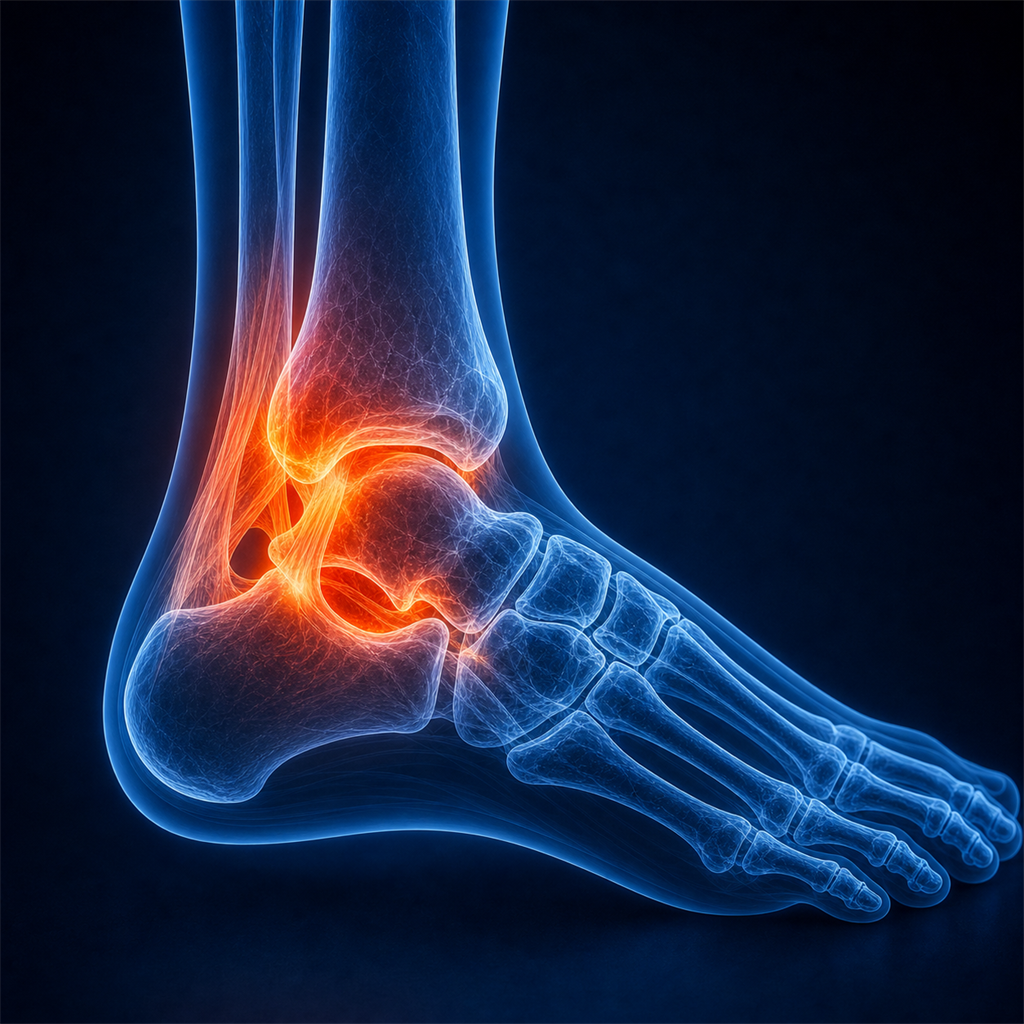 Medical X-ray of ankle joint showing inflammation and injury in the joint space