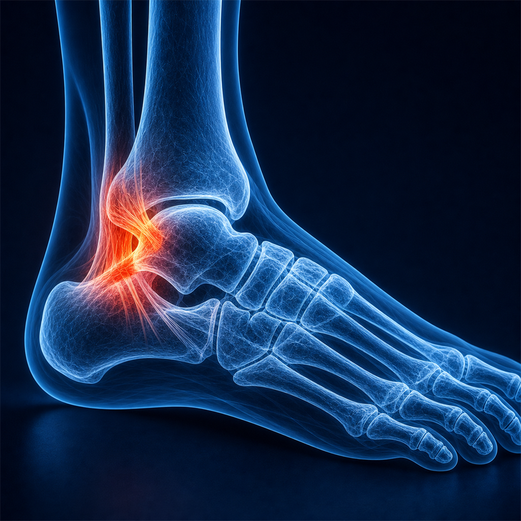 Medical X-ray of ankle showing lateral ligament damage from an ankle sprain