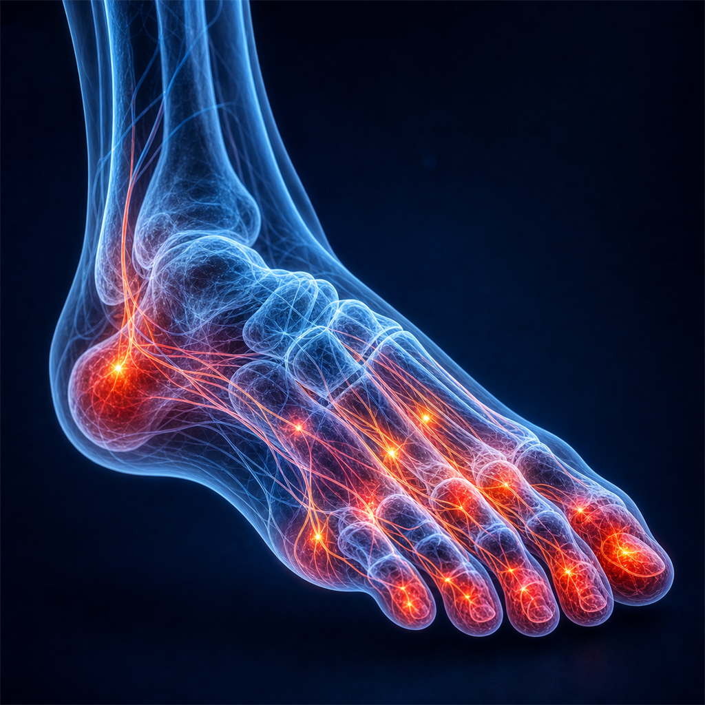 Medical visualization of diabetic neuropathy nerve damage concentrated in the toes and foot