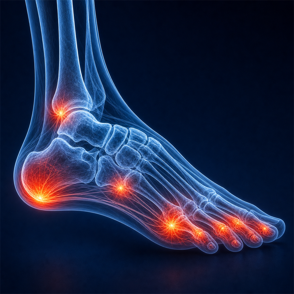 Medical X-ray of foot showing multiple potential pain areas across the heel arch ball and toes