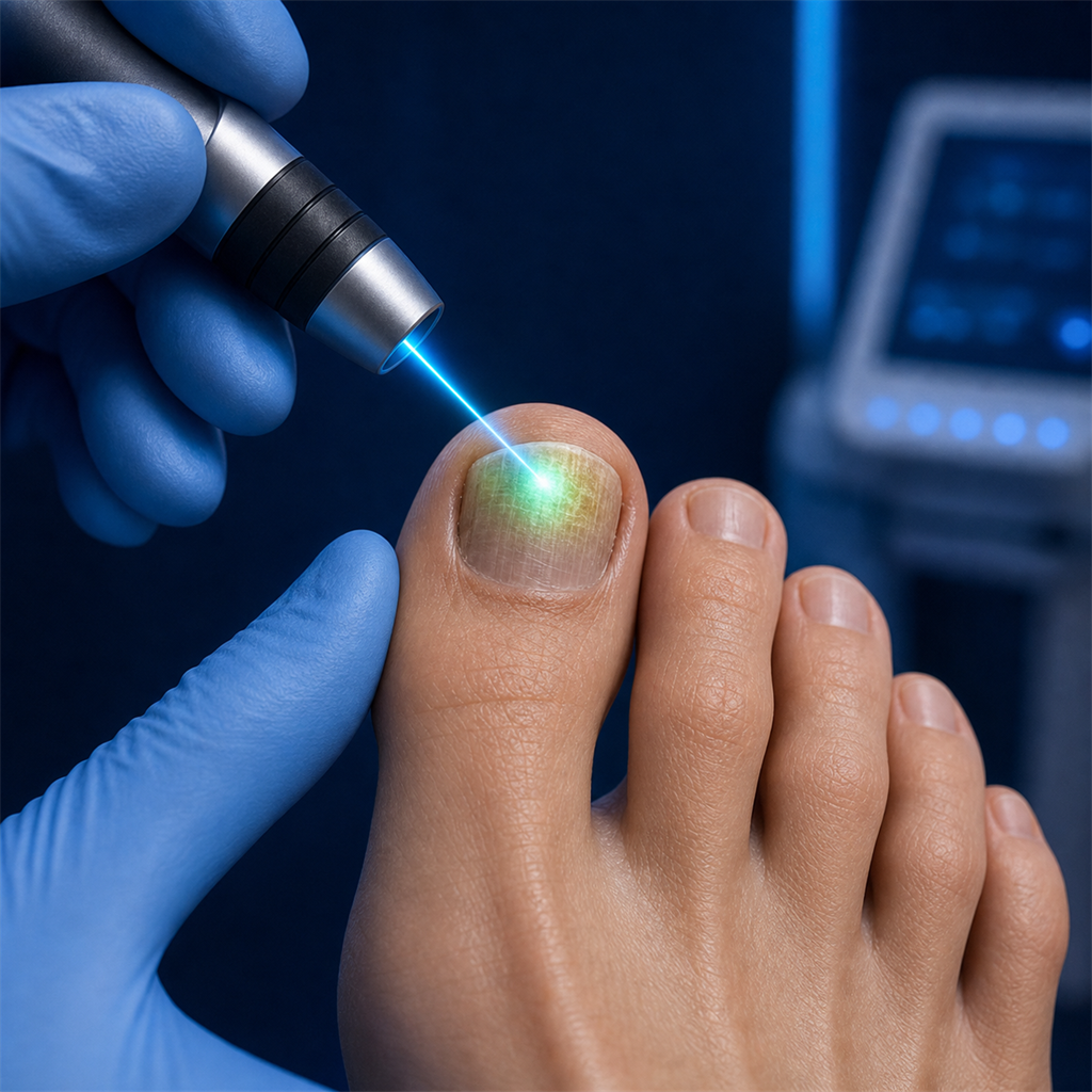 Laser treatment being applied to toenail for fungal nail infection elimination