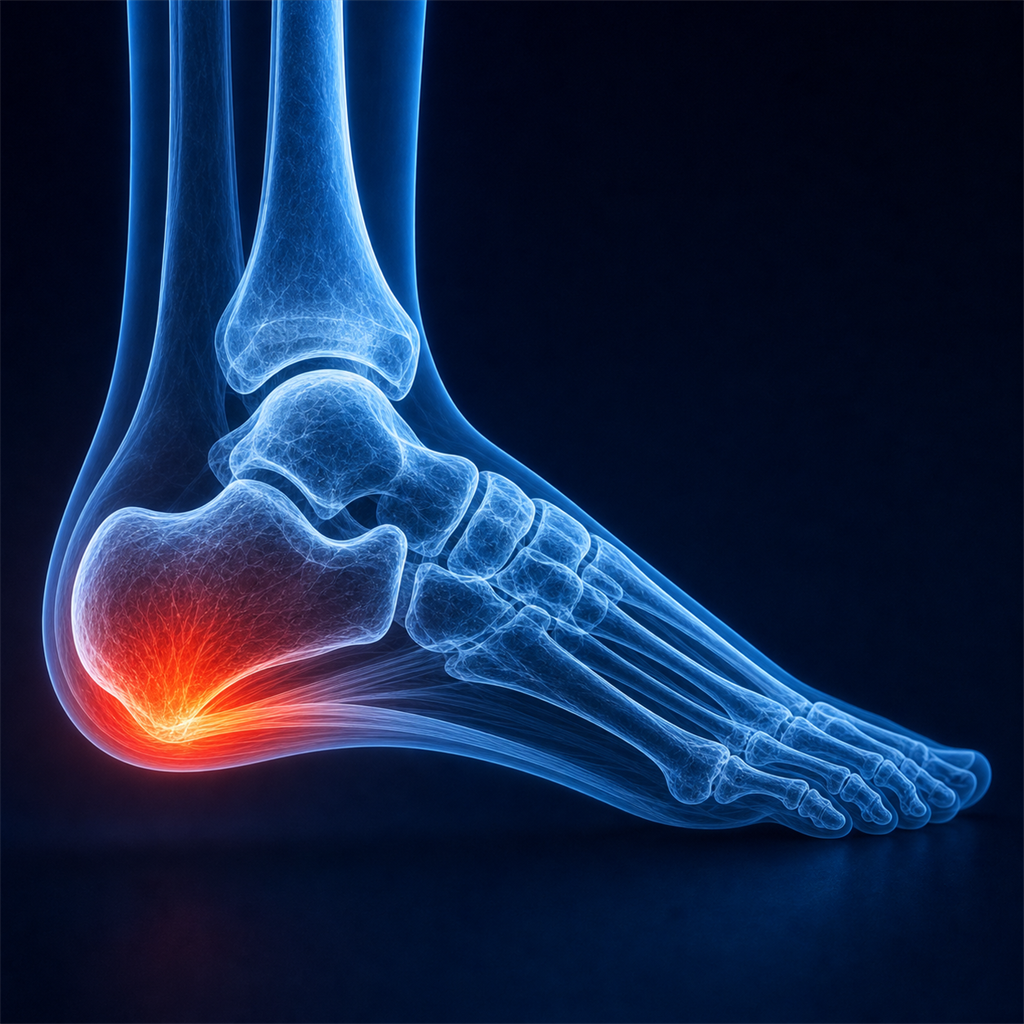 Medical X-ray of heel bone showing inflammation at the plantar fascia attachment point
