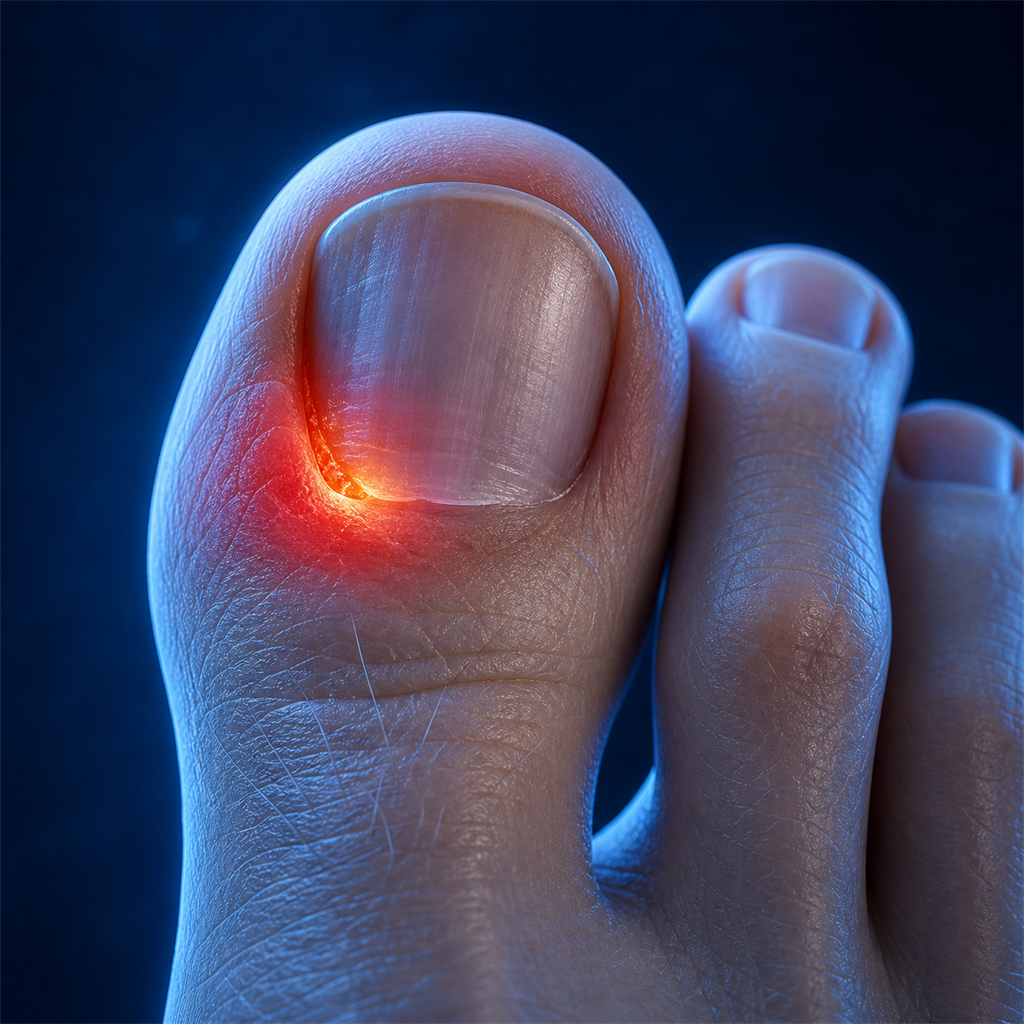 Medical close-up of ingrown toenail showing inflammation and redness at the nail edge