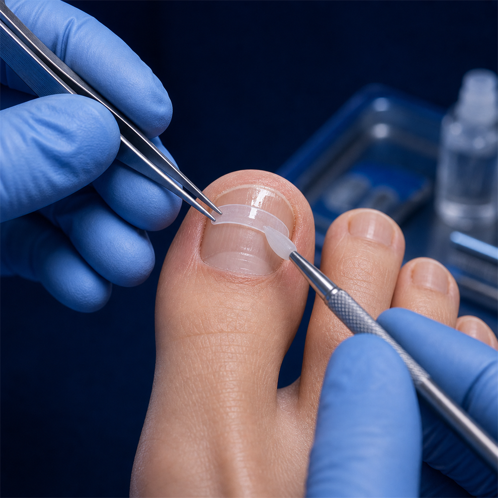 Professional toenail reconstruction procedure restoring damaged nail with precision tools