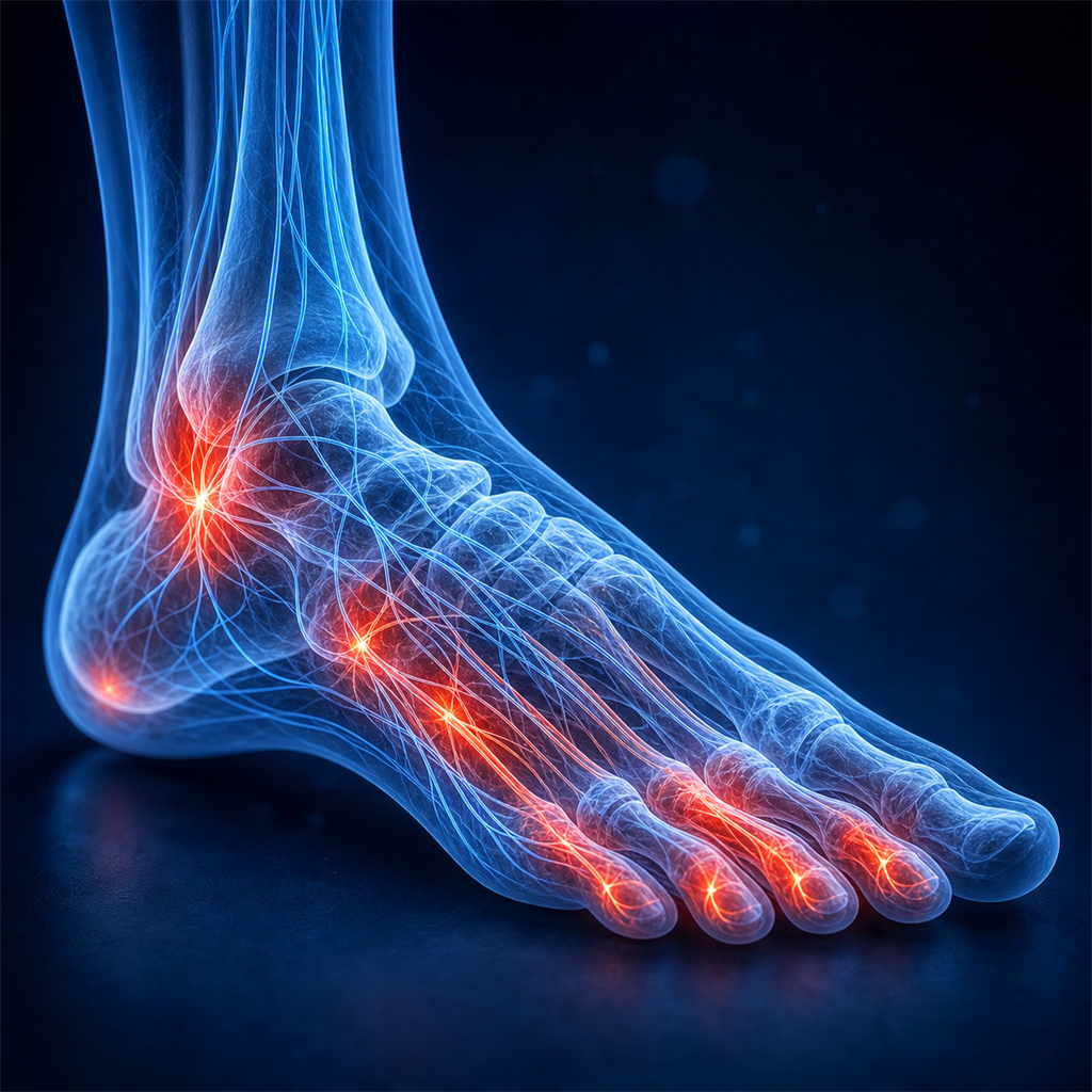 Medical visualization of peripheral neuropathy showing damaged nerve pathways in the foot