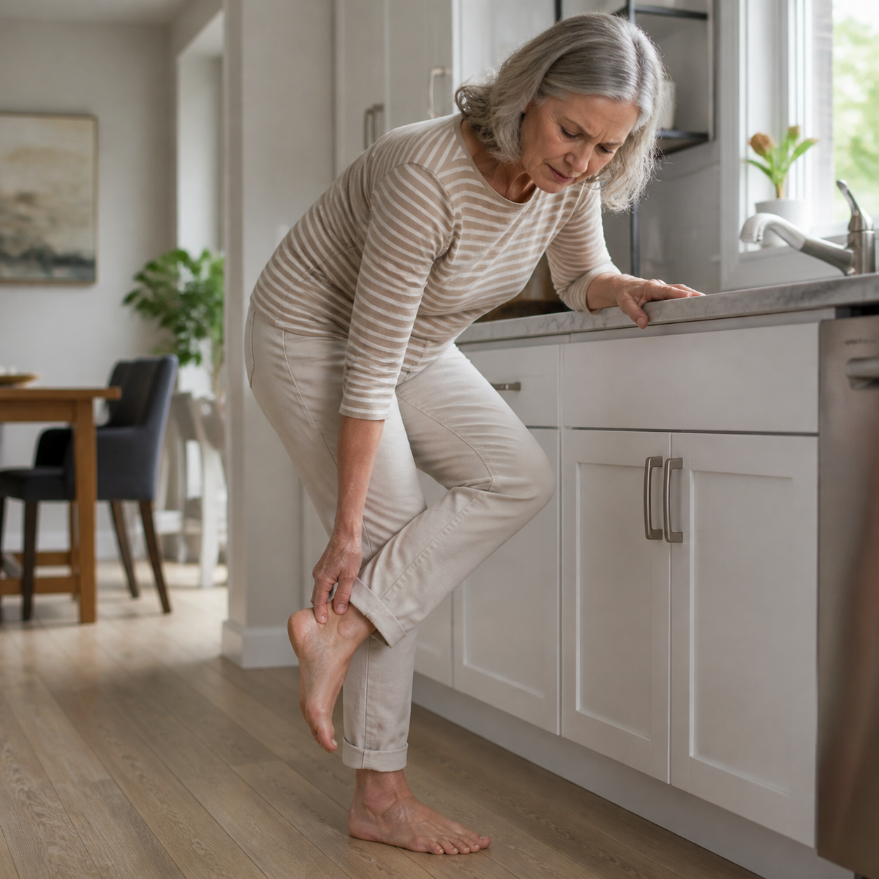 Woman at home holding her heel because of plantar fasciitis pain