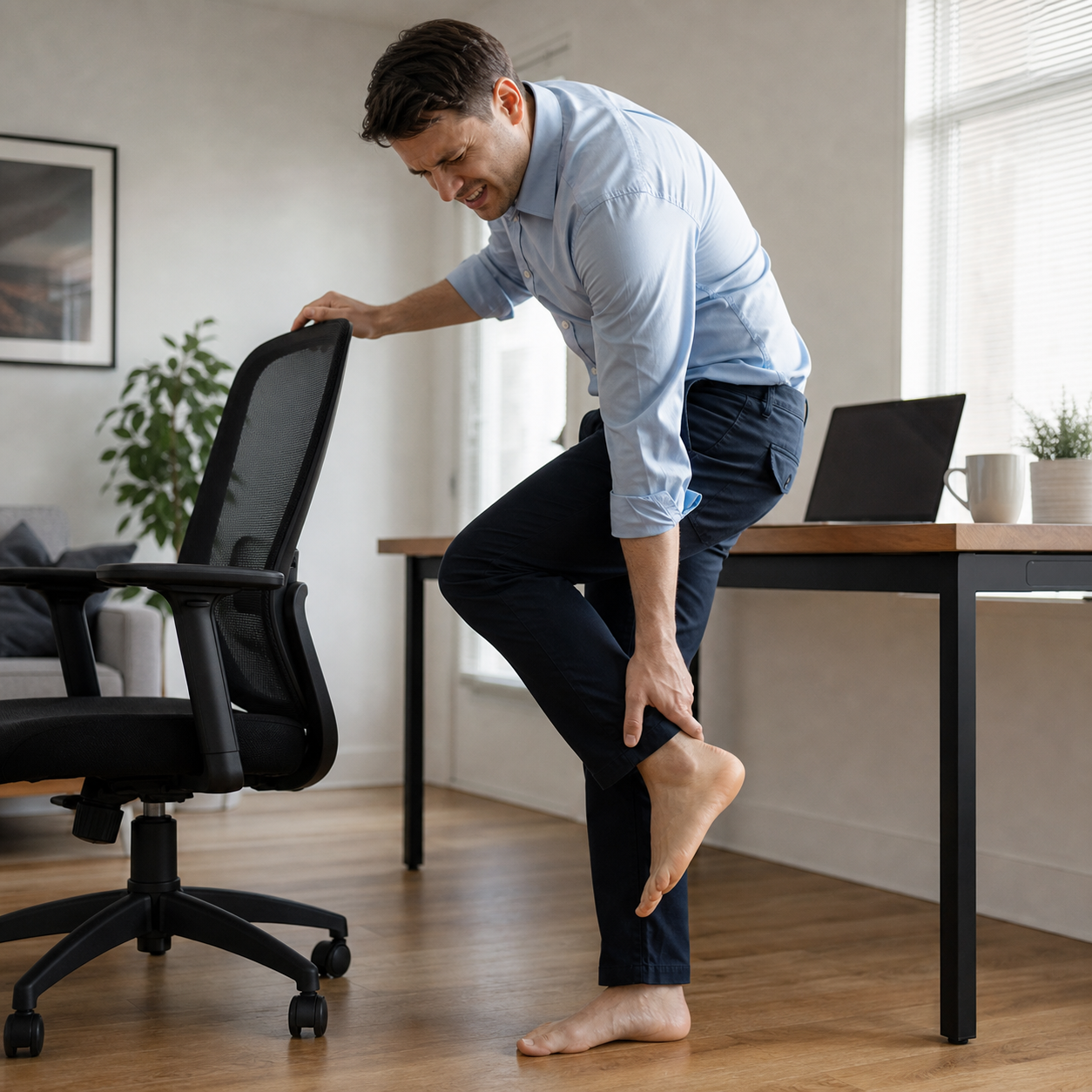 Man holding his heel at work because of plantar fasciitis pain