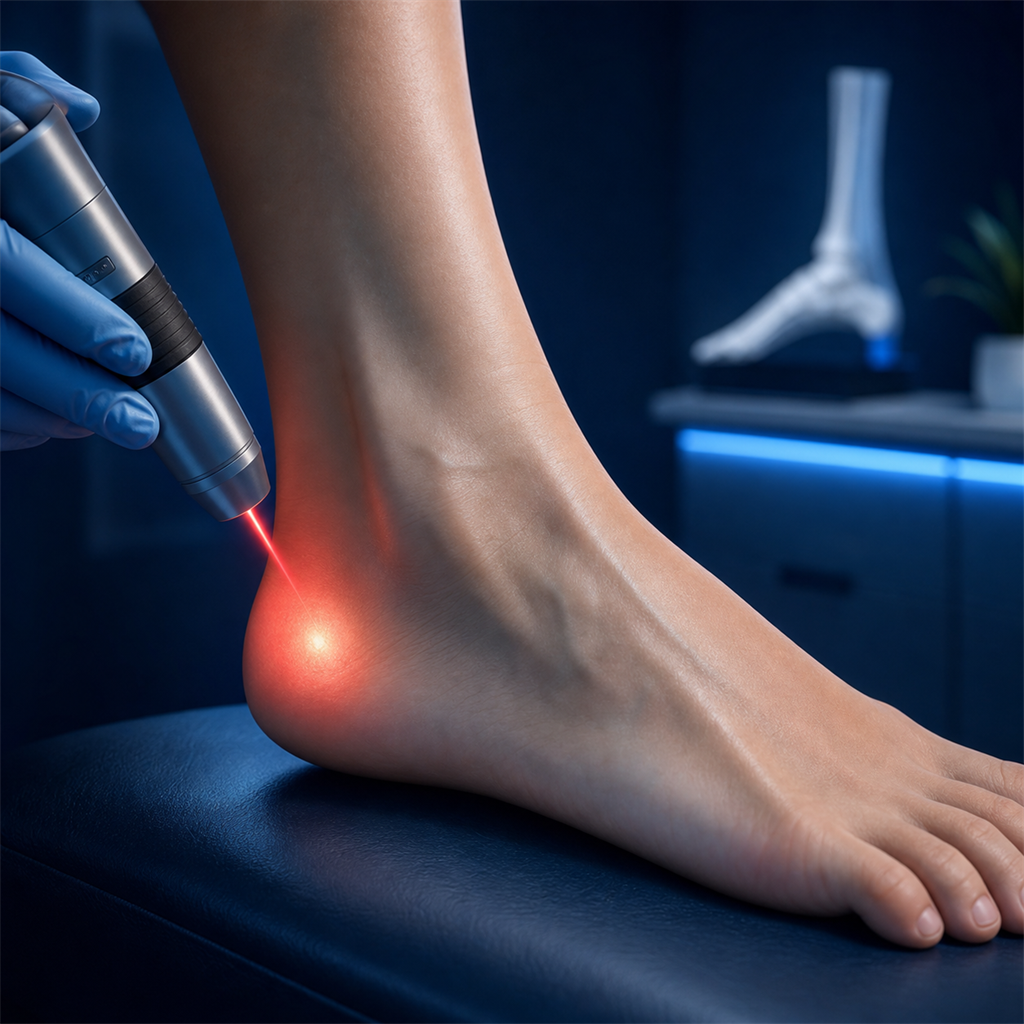 Class 4 laser therapy being applied to a foot for pain and neuropathy treatment