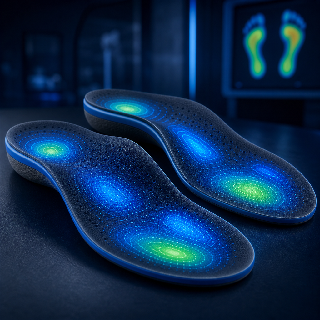 Precision custom orthotics showing personalized biomechanical support zones