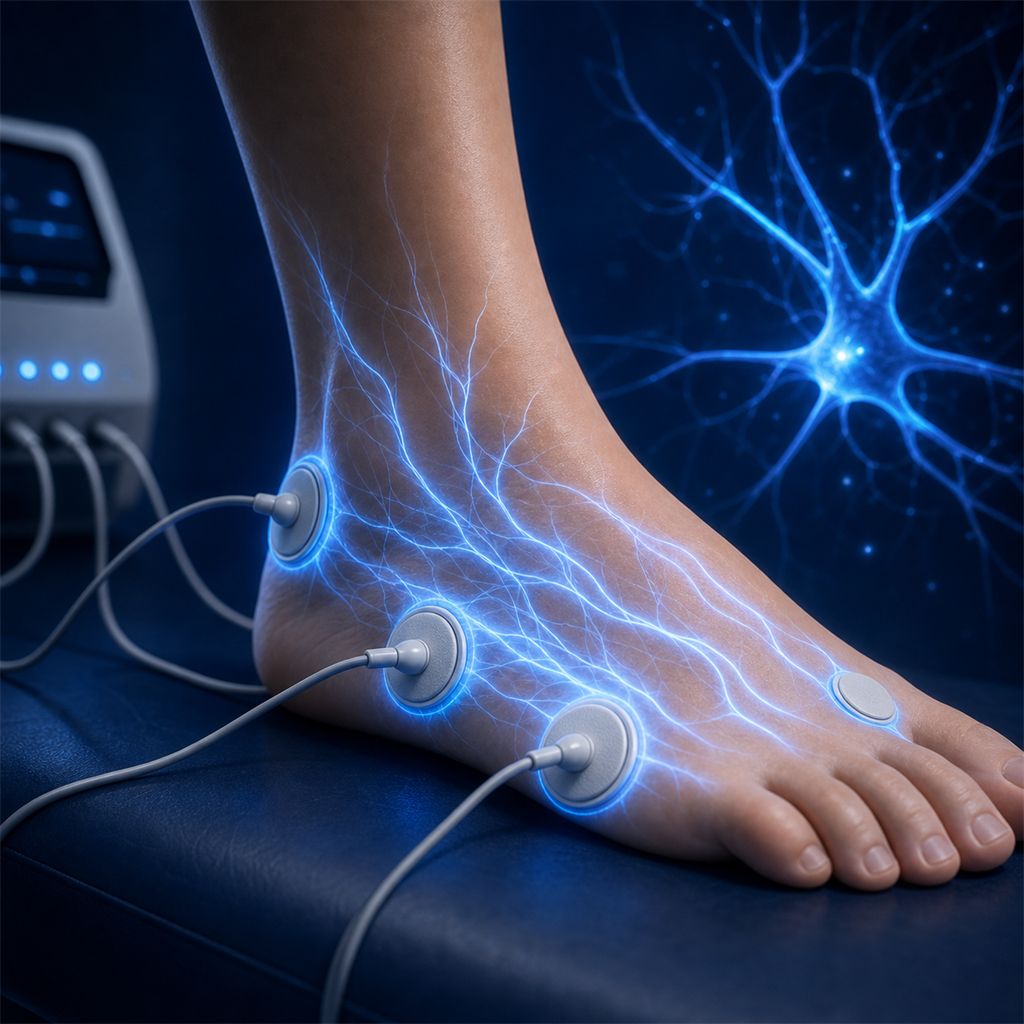 Electric cell signaling therapy applied to foot showing bioelectric field stimulation for neuropathy treatment