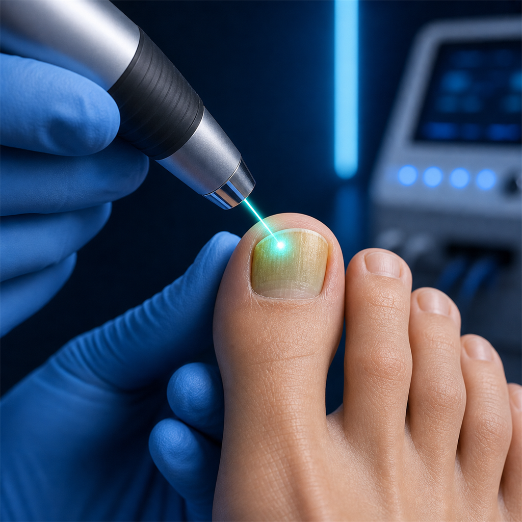 Precision laser beam applied to toenail for fungal nail infection treatment and elimination