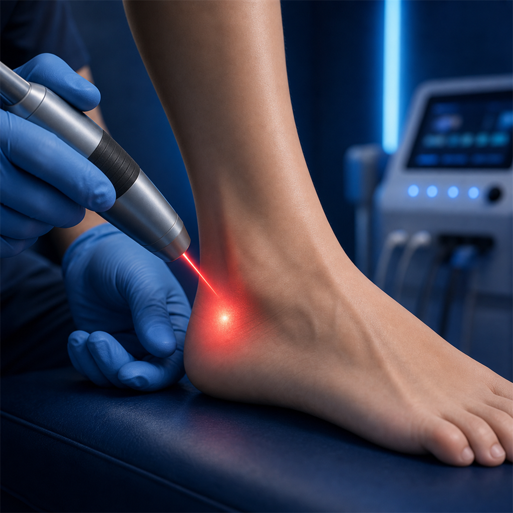 Class IV laser therapy device applying precise laser treatment to a foot for pain relief and tissue regeneration