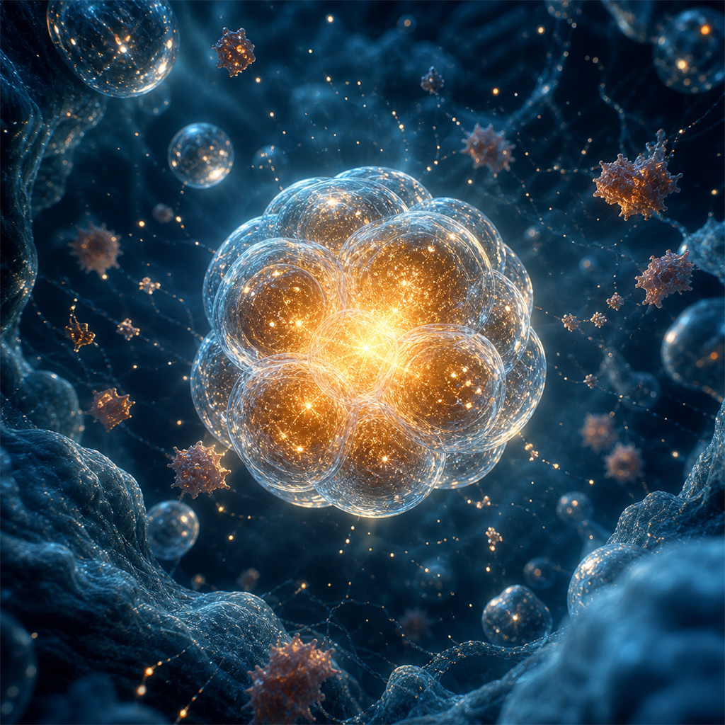 Advanced regenerative medicine visualization showing cellular repair and tissue regeneration at the biological level