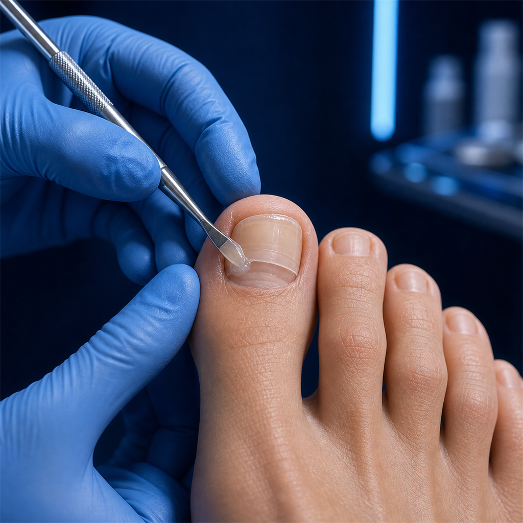 Professional toenail reconstruction procedure showing precision application of medical-grade material to restore natural nail appearance