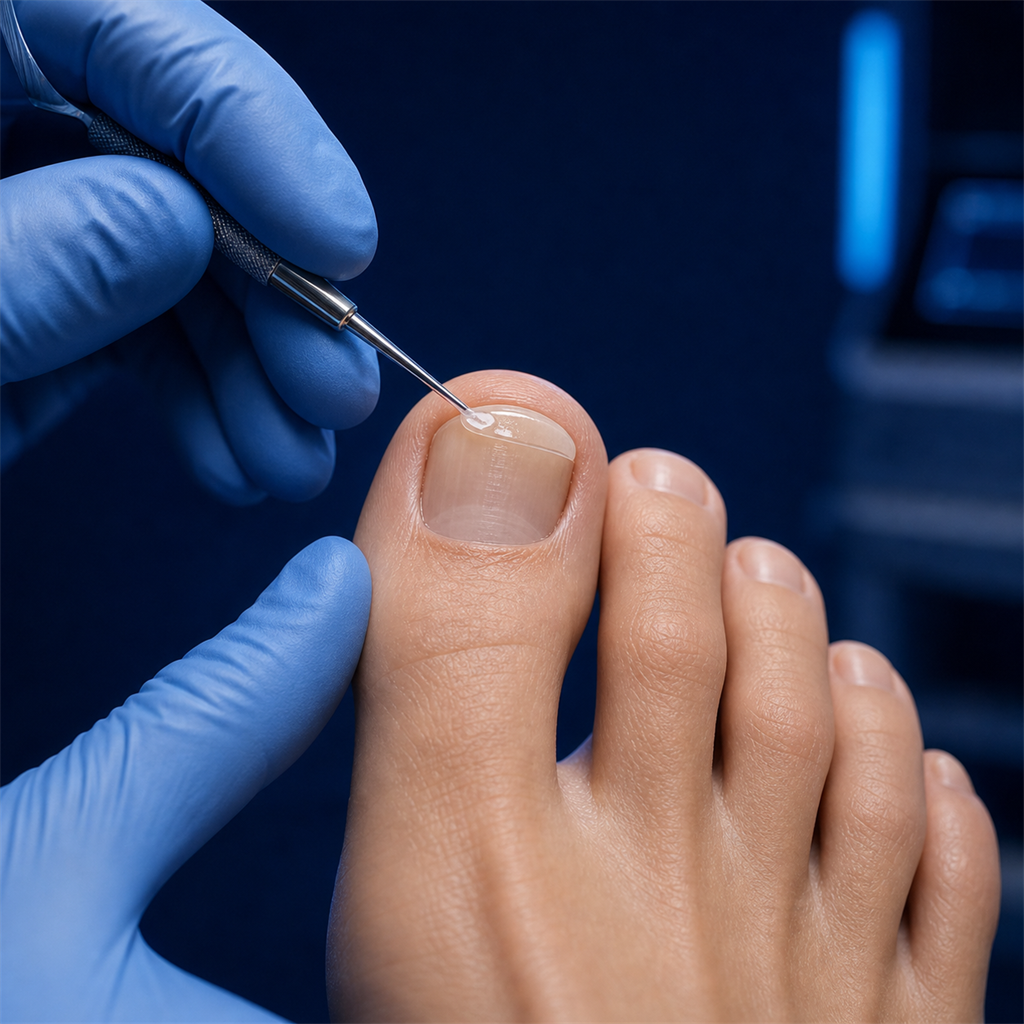 Toenail reconstruction treatment being applied to restore a damaged toenail